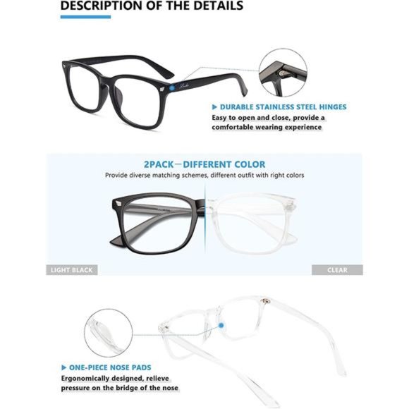 2 Pack Blue Light Blocking Glasses, Computer Reading/Gaming/TV/Phones Glasses - Picture 3 of 6